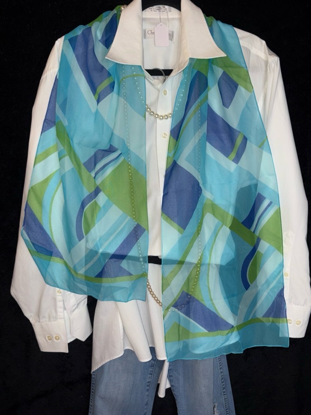Women's Geometric Print Chiffon Scarf Blue Green OS EUC Sheer Abstract Retro
Co